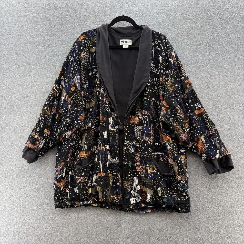 VTG We Be Bop Jacket Womens 2X Black Patchwork Kimono Boho Button Front